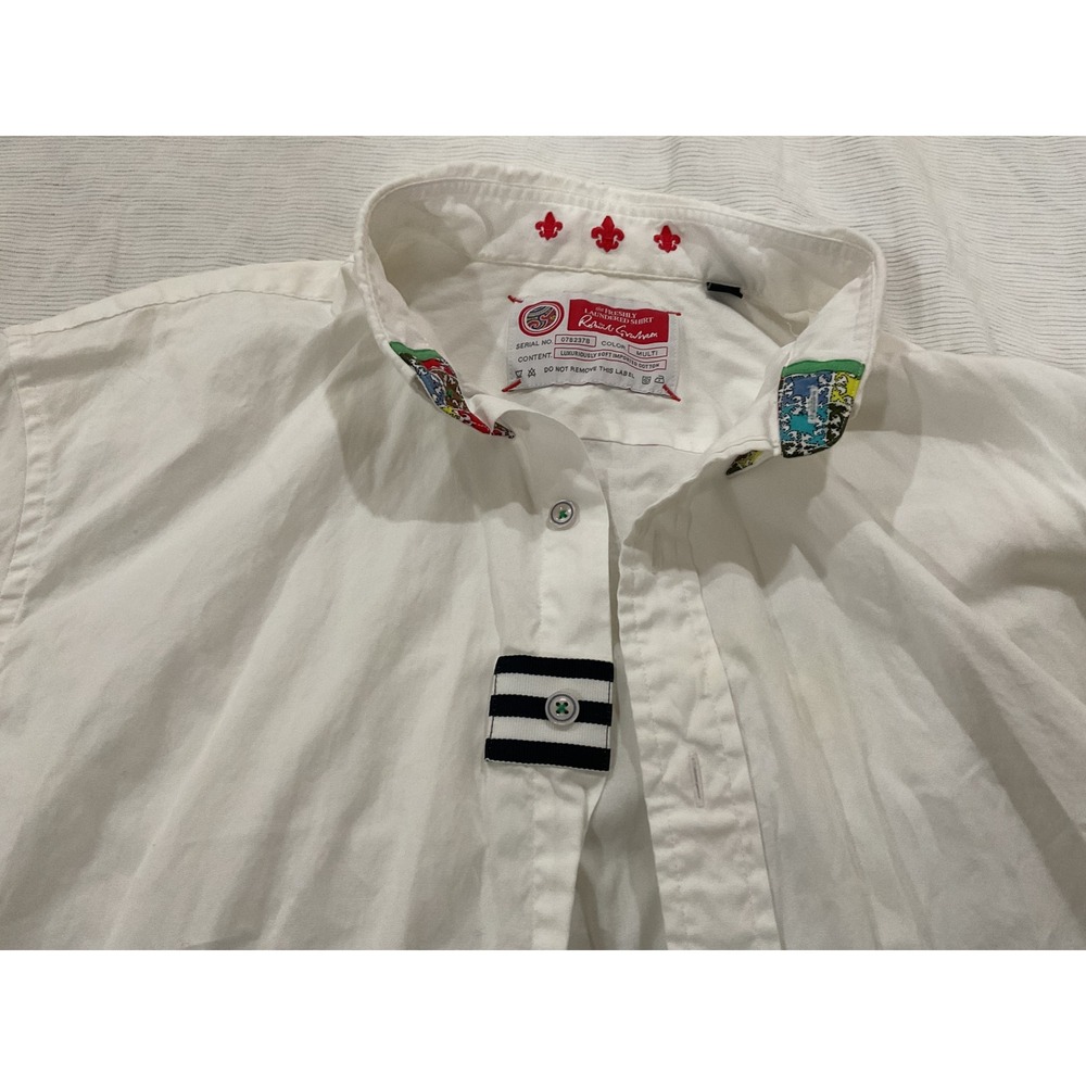 Robert Graham Mens White Cotton Button Down Shirt Fleur De Lis Trim Sz L